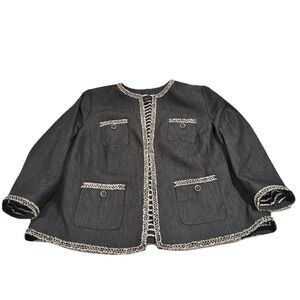 Talbots Jacket Blazer Plus 20W Black Gray Collarless Tweed Trim Career Office